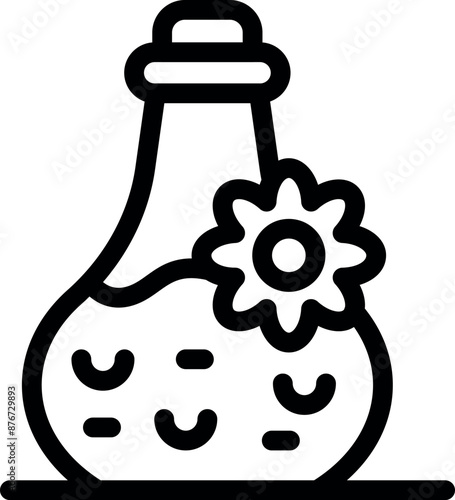Magic potion is fermenting in a glass bottle decorated with a flower