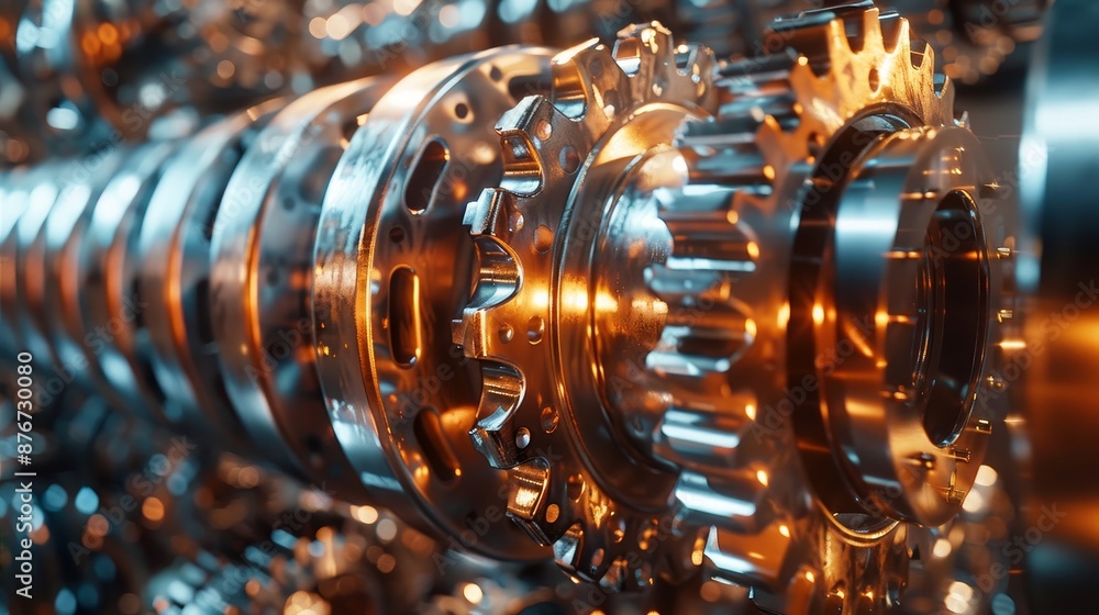 Shiny metal gears interlocking seamlessly, demonstrating advanced engineering, captured in dynamic motion with a futuristic background Shiny metal gears interlocking seamlessly, demonstrating advanced engineering, captured in dynamic motion with a futuristic background