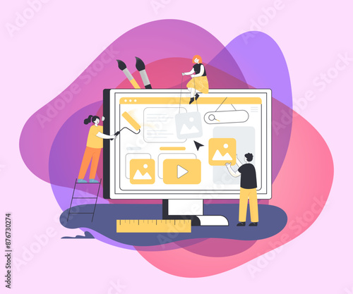 Creative mini designers changing website interface. Tiny persons covering computer screen with paint and digital content flat vector illustration. Teamwork, marketing development concept for banner