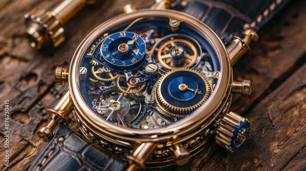 Steampunk-inspired watch with golden pipes and blue gears, intricate details and a captivating blend of vintage and modern elements Steampunk-inspired watch with golden pipes and blue gears, intricate details and a captivating blend of vintage and modern elements
