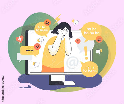 Girl on computer screen getting hate comments on social media. Person under stress, stop violence flat vector illustration. Cyber bullying, crime concept for banner, website design or landing web page