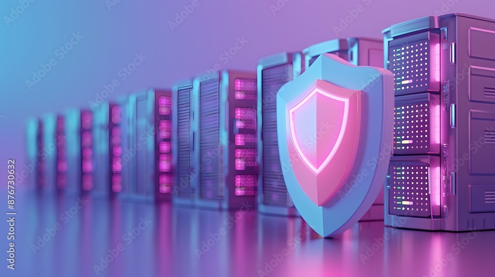 Server Rack Shield Icon Data center with server racks and security shield icon representing ...