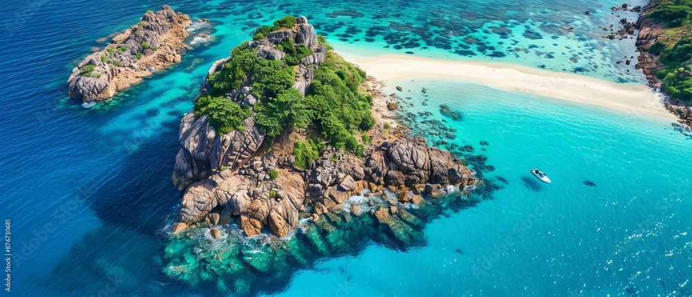 Beautiful nature landscape. Aerial view of tropical rocky island, turquoise water and white sand beach. World environment day Beautiful nature landscape. Aerial view of tropical rocky island, turquoise water and white sand beach. World environment day