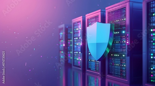Data center with server racks and a shield icon symbolizing cybersecurity, data protection, and network security against vulnerabilities. photo