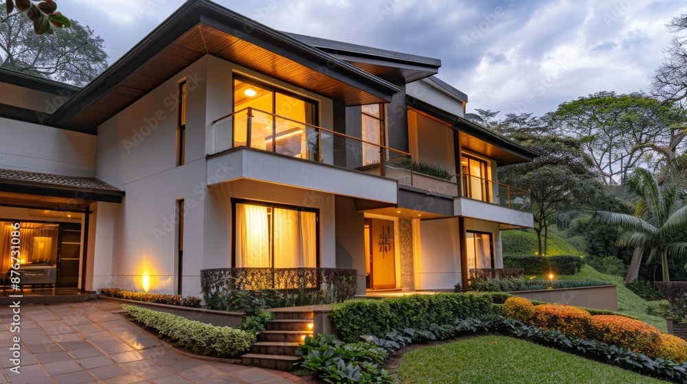 Cozy family home nestled in a lush green landscape, a welcoming dwelling with warm lights and a charming garden, perfect residence for comfort Cozy family home nestled in a lush green landscape, a welcoming dwelling with warm lights and a charming garden, perfect residence for comfort