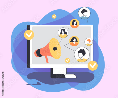 Sales announcement to clients flat vector illustration. Computer monitor with huge megaphone inviting friends. Loyalty program, digital marketing, advertising concept