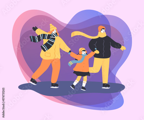 Three sisters skating in cold weather. Girls doing winter activities on ice rink flat vector illustration. Outdoor activity, winter, family, spending time together concept
