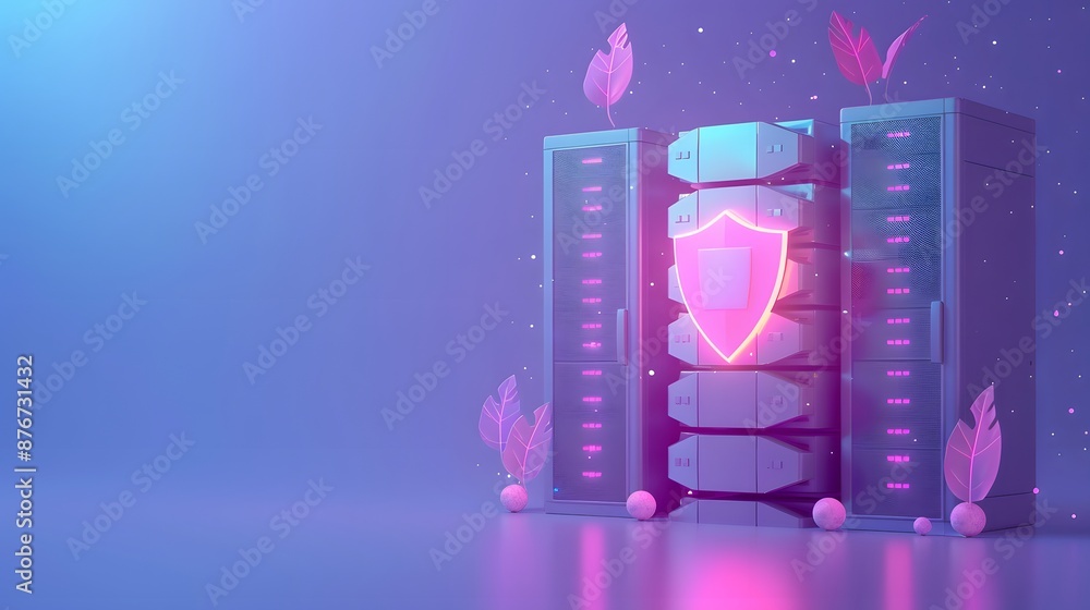 Futuristic data center with neon shield, representing cybersecurity and data protection. Vibrant pink and blue hues enhance the secure server concept. Futuristic data center with neon shield, representing cybersecurity and data protection. Vibrant pink and blue hues enhance the secure server concept.