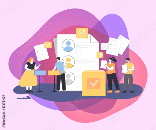 Tiny cartoon citizens giving votes during election campaign. Ballot or voting poll, people giving opinions on constitution flat vector illustration. Democracy, freedom, ideology, society concept