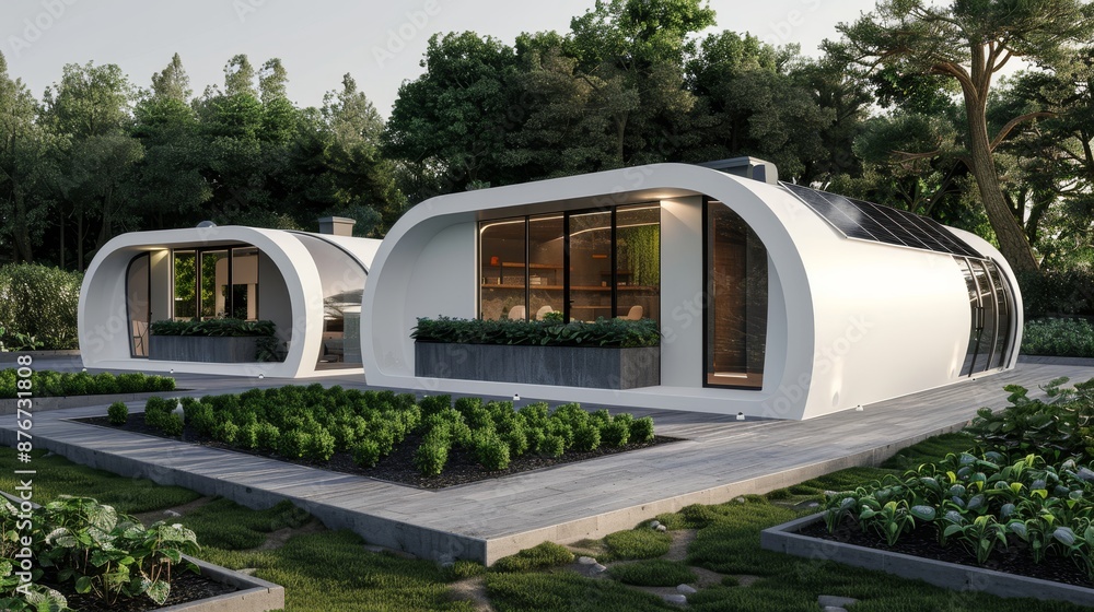 Naklejka premium Eco-friendly habitat, sustainable home design integrated with nature, a green residence with solar panels and organic gardens, the future of abodes