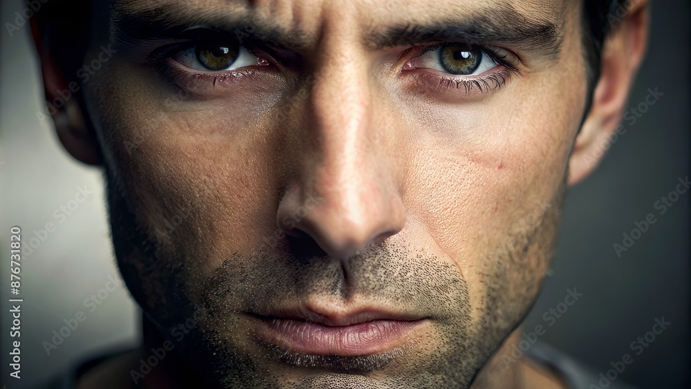 Fototapeta premium Intense Stare Of A Man With Green Eyes And A Five O'Clock Shadow.