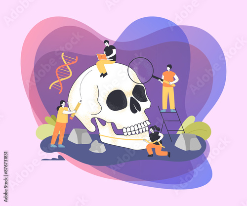 Tiny people examining huge skull of Neanderthal. Persons doing DNA or Paleolithic research in museum, prehistoric fossil flat vector illustration. Anthropology, sociology, history concept for banner