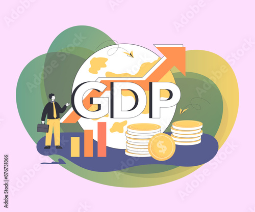 Tiny person with gross domestic product symbol and globe. Character measuring government wealth, budget growth chart, product value flat vector illustration. Economy, inflation, GDP concept for banner