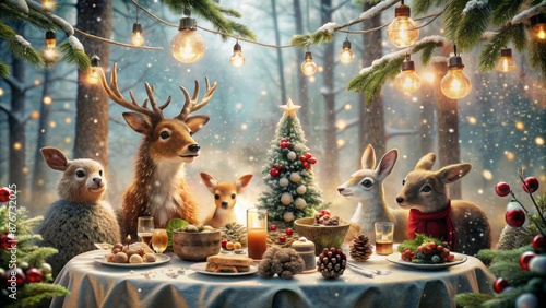 Fototapeta Naklejka Na Ścianę i Meble -  Woodland Creatures Gather For A Magical Christmas Eve Dinner In The Snowy Forest.
