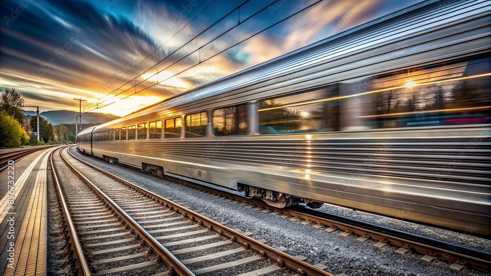 A Sleek Silver Train Speeds Along The Tracks, Passing A Station Platform At Sunset. A Sleek Silver Train Speeds Along The Tracks, Passing A Station Platform At Sunset.