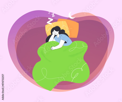 Young woman sleeping at night. Astral travel of girl lying on pillow under blanket and experience of REM stage of sleep flat vector illustration. Wakefulness, dream control concept