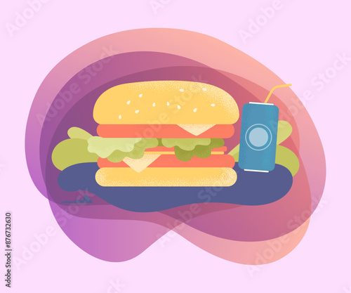 Huge burger and fizzy drink with straw.  Junk food, risk of heart disease, high cholesterol flat vector illustration. Obesity, fast or unhealthy food concept for banner or landing page