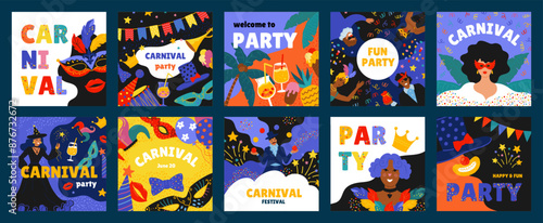 Carnival poster. Festival party costume, festive music people dance in circus or concert, happy woman. Music Brazilian fest. Cartoon flat style isolated illustration set. Vector backgrounds