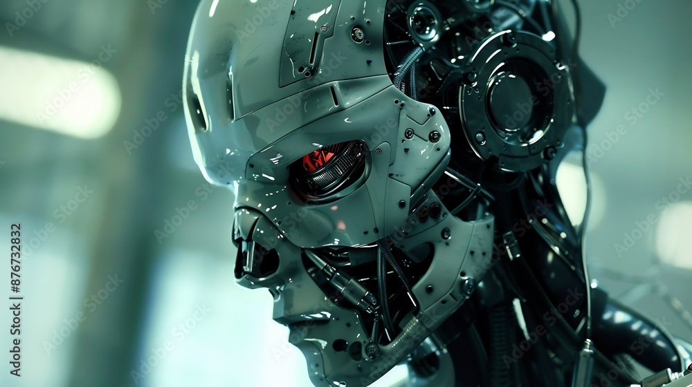 Close-up view of a futuristic robot face with glowing eyes. Close-up view of a futuristic robot face with glowing eyes.