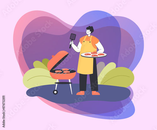 Smiling cartoon man cooking meat on grill. Male person grilling steakes or shashliks flat vector illustration, BBQ. Outdoor activities, food concept for banner, website design or landing web page