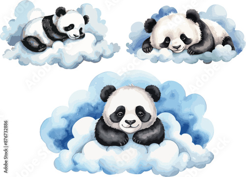 "Watercolor Style Panda and Clouds Vector Art: Soft and Whimsical Designs"