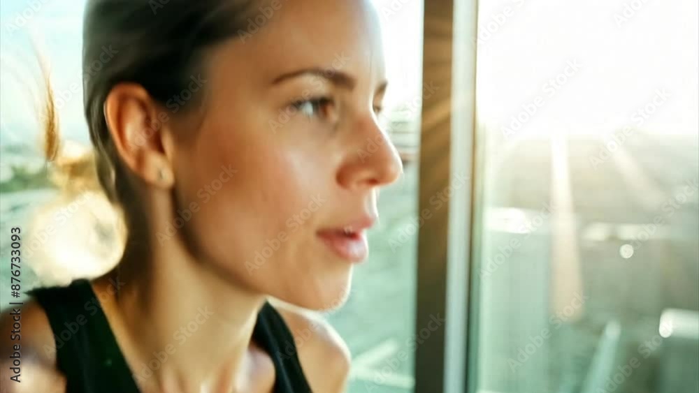 Young woman running in profile on a treadmill in slow motion while talking to a friend with a view of the city out the window. Young woman running in profile on a treadmill in slow motion while talking to a friend with a view of the city out the window.
