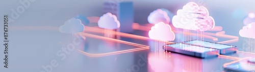 Digital cloud network with glowing neon lights, representing advanced cloud computing technology and data storage solutions.