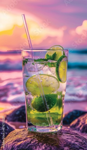 A refreshing lime drink adorned with fresh lime slices and mint leaves sits on a rocky beachfront, bathed in the warm hues of a sunset, representing summer tranquility.
