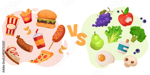 Healthy and unhealthy food. Good health snacks, fat fastfood diet or vegetable drink and sweets or nutrition. Meat and fish, fruits and vegetables or junk meal snacks. Vector flat cartoon set