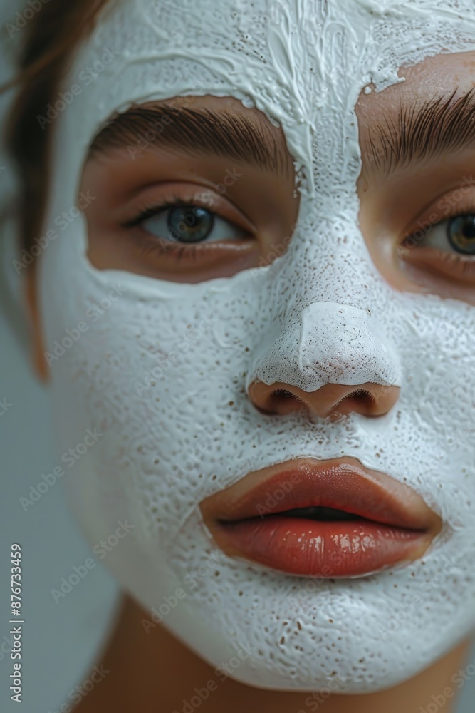 Close-up of a woman's face with a white clay mask, highlighting skincare and beauty treatment. Close-up of a woman's face with a white clay mask, highlighting skincare and beauty treatment.