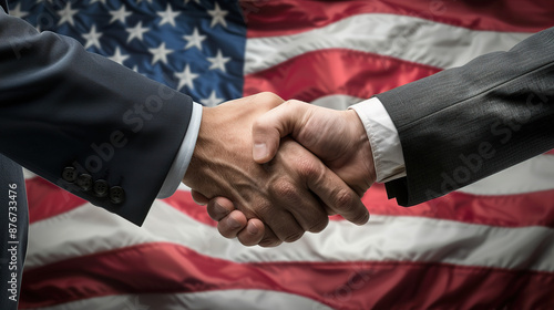 Two men in suits shaking hands against the backdrop of an American flag, in a close-up