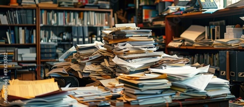 A cluttered office desk filled with stacks of papers, books, and documents in a busy and chaotic workspace.