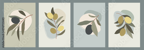 Abstract plants. Nature art olive branch, modern minimal flower leaf shapes, simple green collage. Summer plants. Minimal botanical harvest collection. Natural colors. Vector design posters