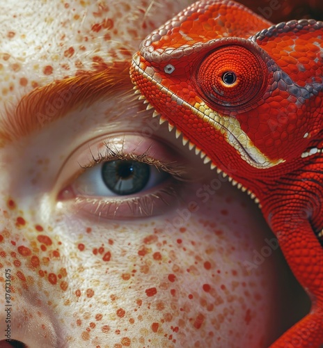 A detailed close-up showing a freckled face and a vibrant red lizard with strikingly intricate scales, highlighting a blend of human and animal elements in a unique composition. photo