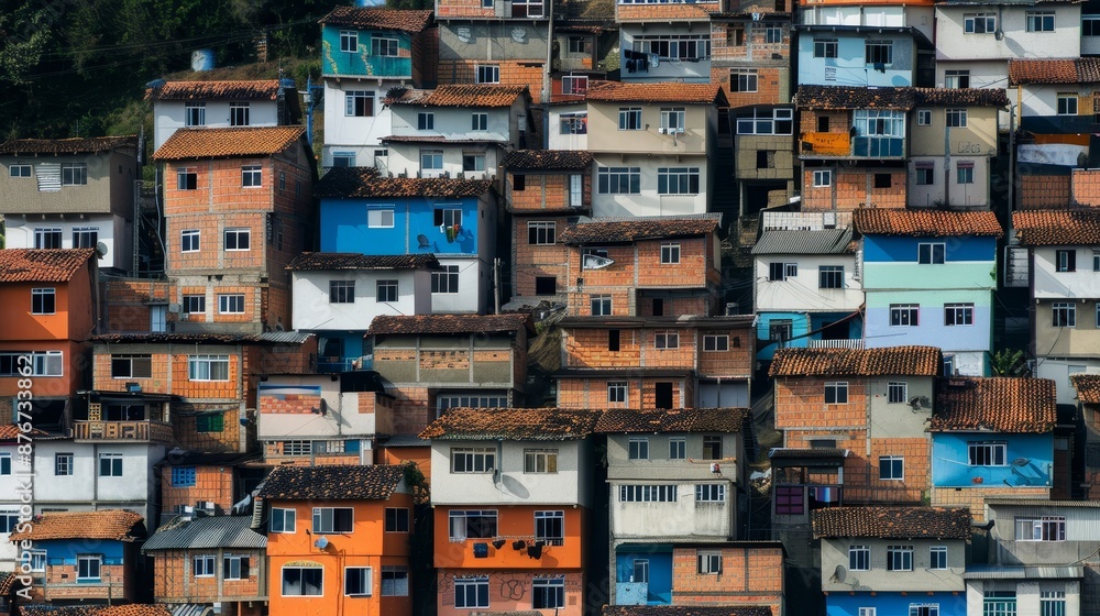 Fototapeta premium Overcrowded community with poor housing conditions, families living in poverty, highlighting the need for basic shelter, aid, and support