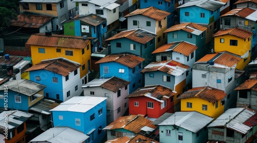 Overcrowded community with poor housing conditions, families living in poverty, highlighting the need for basic shelter, aid, and support