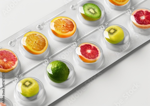 A selection of sliced fruits including oranges, kiwis, and grapefruits arranged in a blister packaging resembling a medication pack.