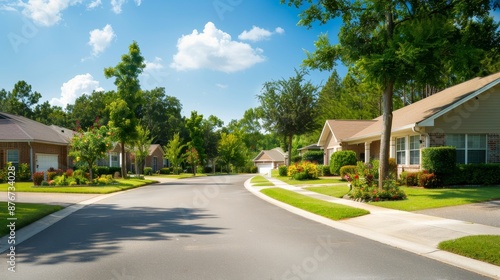 Picturesque neighborhood with homes acting as safe refuges, connected by tree-lined streets, vibrant and welcoming community setting