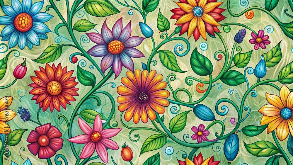 Fototapeta premium Vibrant And Colorful Floral Pattern With A Variety Of Flowers And Leaves