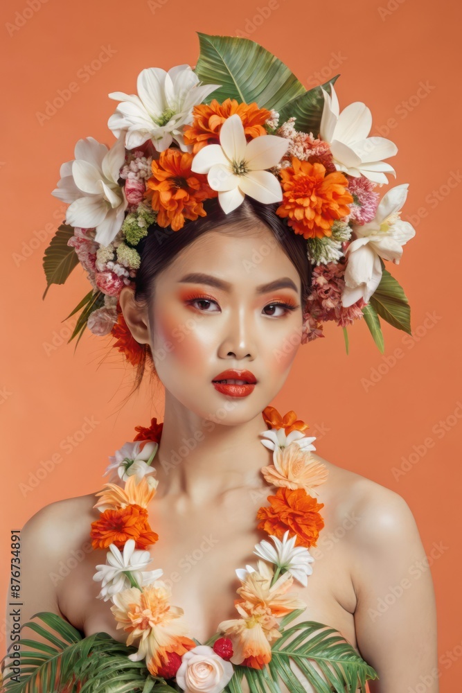 Fototapeta premium portrait of a beautiful asian model with tropical leaves outfit