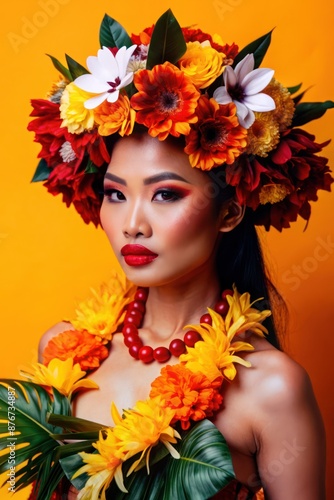 portrait of a beautiful asian model with tropical leaves outfit © PixelDreamer