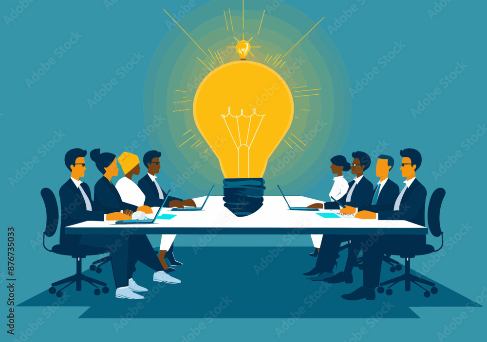 Business Team Discussing Ideas Around a Giant Light Bulb in Boardroom - Vector Illustration of Corporate Brainstorming, Planning, and Strategy in a Modern Office Setting Business Team Discussing Ideas Around a Giant Light Bulb in Boardroom - Vector Illustration of Corporate Brainstorming, Planning, and Strategy in a Modern Office Setting