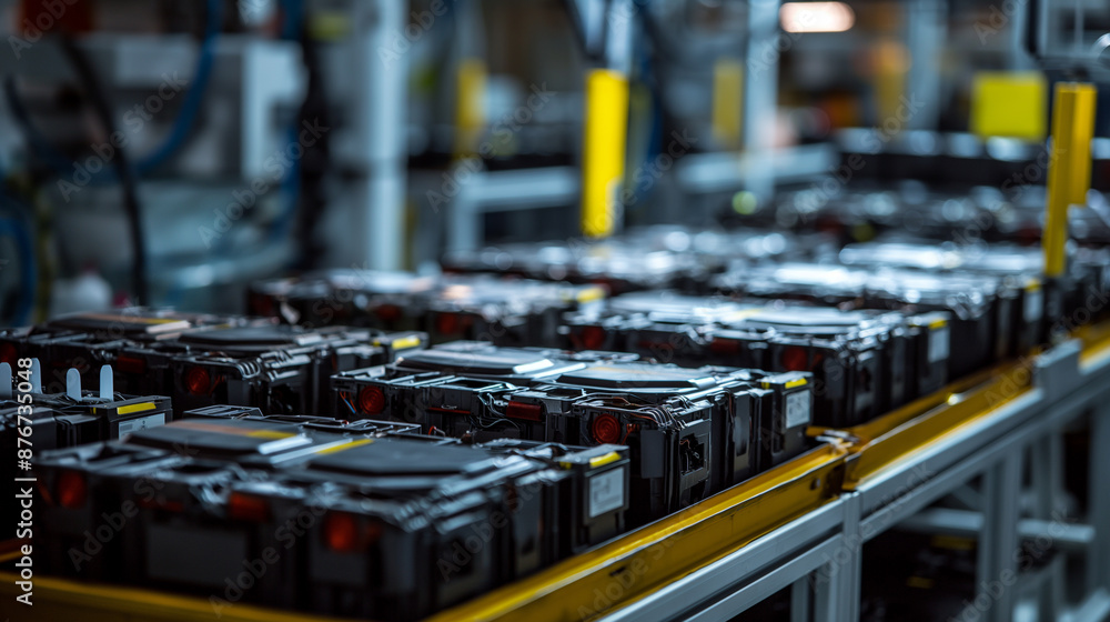 Fototapeta premium Multiple batteries moving on conveyor belt