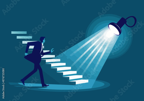 Businessman Uncovering Career Steps with Flashlight, Rushing Up Hidden Stairs, Business Growth Concept, Minimalistic Vector Illustration