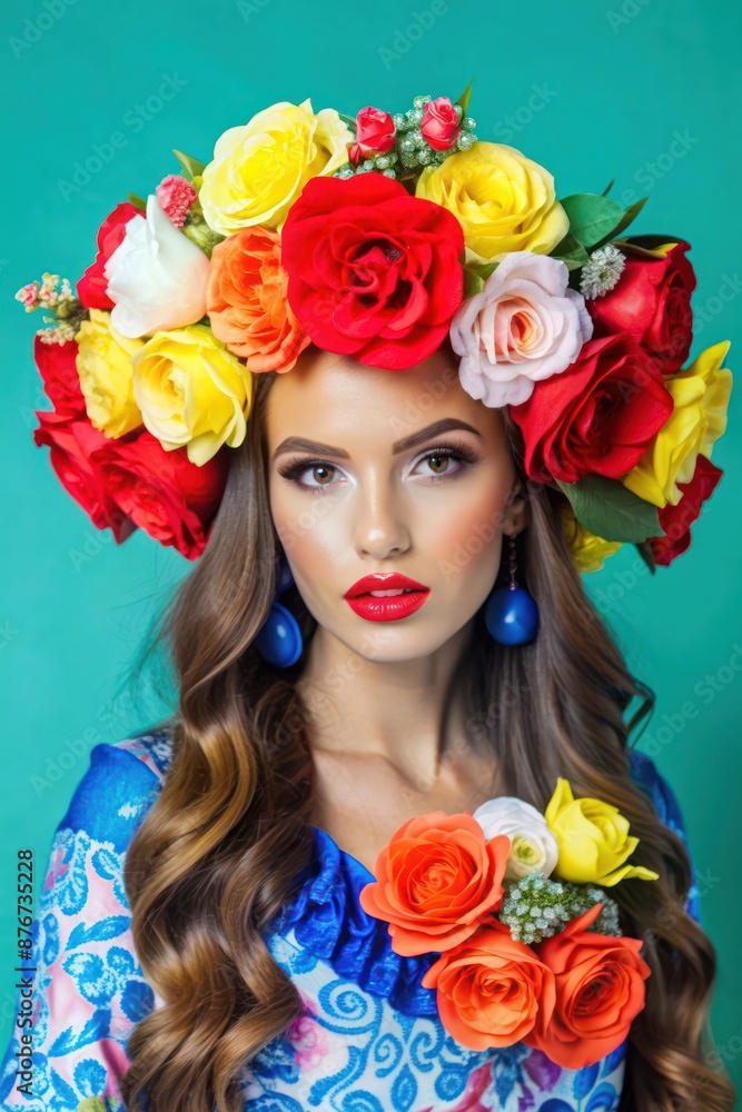 studio fashion portrait of young beautiful model in flowers dress outfit, posing on background.