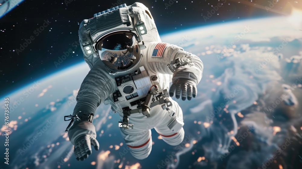 Fototapeta premium Astronaut floating in space, Earth visible in the background, star-filled galaxy, serene and awe-inspiring, zero gravity