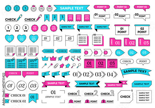 Text frames. Title design icons, check point box or ribbon, bullet and number banner figures, memo flags stickers. Decorative elements for presentation and infographic. Vector simple lines set