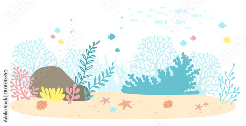 Underwater marine life of a coral reef. Illustration of background in a blue palette colors
