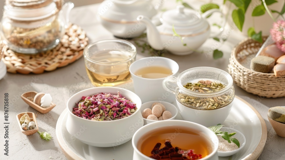 Herbal tea and healthy snacks arranged in a spa setting, emphasizing wellness and nutrition Herbal tea and healthy snacks arranged in a spa setting, emphasizing wellness and nutrition