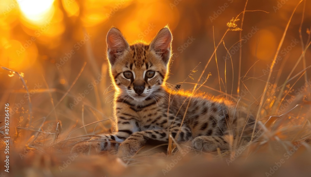 Cute serval kitten in golden sunset light Cute serval kitten in golden sunset light